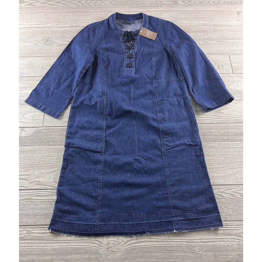 J. Jill Denim Lace Up Grommet Shift Dress Indigo Blue 3/4 Sleeve XS NWT $99
